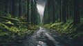 Forest road with green moss and grass in the mountains.