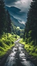 Forest road with green moss and grass in the mountains.