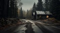 Eerily Realistic Wooden Cabin On A Dark Forest Road Royalty Free Stock Photo