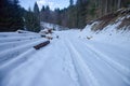 Forest road in PoÃÂ¾ana mountains covered by white snow during winter season, Slovakia
