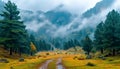 A forest with a road running through it and a mountains in the foggy background. Natural mountains and forest landscape