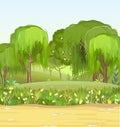 Forest road. Summer landscape. Dense foliage. Hills and green trees view. Meadow of a flower meadow. Nature illustration Royalty Free Stock Photo