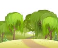 Forest road. Summer landscape. Dense foliage. View of hills and green trees. Nature illustration. Cartoon flat style Royalty Free Stock Photo