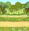 Forest road. Summer landscape. Dense foliage. Views of hills and green trees. Nature illustration. Cartoon flat style Royalty Free Stock Photo