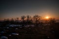 Forest Road Under Sunset Sunbeams. Beautiful sunset with orange and red clouds behind some coniferous trees. Azerbaijan, Caucasus Royalty Free Stock Photo