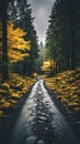 Forest road with yellow moss and grass in the mountains.