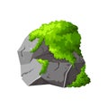 Forest rock with moss. Gray stone brocken in cartoon. Mountain part of natural design shape. Vector illustration