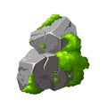 Forest rock with moss. Gray stone brocken in cartoon. Mountain part of natural design shape. Vector illustration