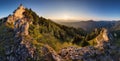 Forest and rocks mountain with sun at beautifull sunset - panorama, Slovakia Royalty Free Stock Photo