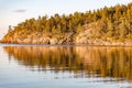 Forest and rocks reflecting in sea very early in the morning Royalty Free Stock Photo