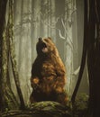 Brown grizzly bear in magical forest