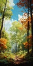 Autumn Forest Painting With Realistic Blue Skies And Digital Art Techniques