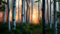 Birch Trees in Forest with Orange Light Royalty Free Stock Photo