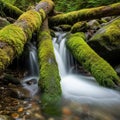 Forest scene featuring a small waterfall flowing over smooth Royalty Free Stock Photo