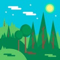 Forest scene with natural tree.Vector illustration.Beautiful summer nature landscape.Forest with mountain and sky background Royalty Free Stock Photo