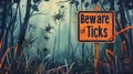Forest scene with warning sign about ticks, showcasing a dense environment Royalty Free Stock Photo