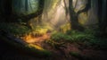 Forest scenery with the sun casting beautiful rays through the foliage onto road with mossy and green grass