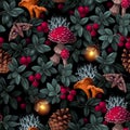 Forest seamless pattern with cranberry and leaves