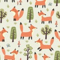 Forest seamless pattern with cute little foxes and trees