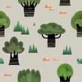Forest seamless pattern. Cute trees, grass and hills. Cartoon vector illustration Royalty Free Stock Photo