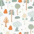 Seamless Hand Drawn Background with Trees in Doodle Style.