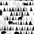 Forest seamless pattern. Wildlife pattern. Grizzly Bear. Abstract forest pattern.