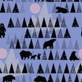 Forest seamless pattern. Wildlife pattern. Grizzly Bear. Abstract forest pattern.