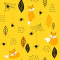 Forest seamless vector pattern. Simple design with fox, leaf, spider and spider web on yellow background. Royalty Free Stock Photo