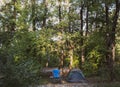 Forest, set up tent and chair. The scene of autumn rest outside. Natural landscape