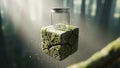 Forest setting a moss covered stone cube is depicted with a transpare Royalty Free Stock Photo