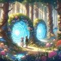 Forest shimmers with hidden portals, leading to enchanted realms, tree, flowers reign supreme, cartoon, anime art