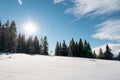 Forest, shining sun and floating clouds at Sumava mountains at winter