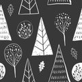 Forest simple sketh drawn hand seamless pattern with tree, foliage, coniferous, spruce, fir. For wallpapers, web