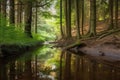 forest with slow moving stream and peaceful reflections
