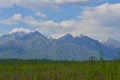 Forest, snowy mountains and clouds on blue sky - siberian alps Royalty Free Stock Photo