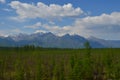 Forest, snowy mountains and clouds on blue sky - siberian alps Royalty Free Stock Photo