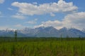 Forest, snowy mountains and clouds on blue sky - siberian alps Royalty Free Stock Photo