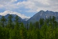 Forest, snowy mountains and clouds on blue sky - siberian alps Royalty Free Stock Photo