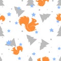 Forest squirrel and fir tree white seamless pattern. Vector background