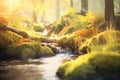 a forest stream bathed in golden hour sunlight Royalty Free Stock Photo