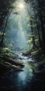 Anime-inspired Forest Landscape With Creek And Sunlight Royalty Free Stock Photo