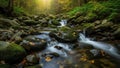 Forest stream flows over a series of smooth moss covered rocks Royalty Free Stock Photo