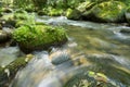 Forest stream with green vegetation in the river banks and rocks covered with moss Royalty Free Stock Photo