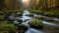 Forest Stream with Mossy Rocks and Fallen Leaves water Royalty Free Stock Photo