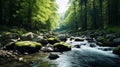 forest stream surrounded by lush greenery, moss-covered rocks, and tall trees capturing the essence of untouched natural beauty Royalty Free Stock Photo