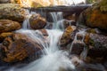 Forest stream waterfall. Waterfall mossy rocks