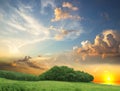 Sunset Nature landscape contryside green grass field trees and sun beam on cloudy fluffy blue and pink sky