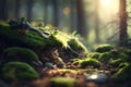 Forest and sunbeams passing through the trees. An atmospheric beautiful picture in the middle of the forest. Royalty Free Stock Photo
