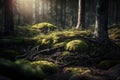 Forest and sunbeams passing through the trees. An atmospheric beautiful picture in the middle of the forest. Royalty Free Stock Photo