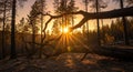 Forest Sunset with Fallen Tree Silhouette Royalty Free Stock Photo
